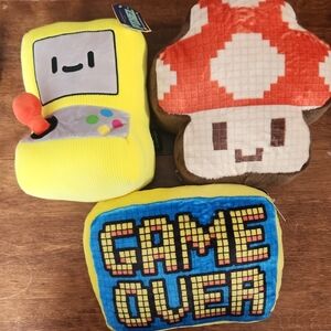 Set Of 3 Novelty Arcade Pillows, 8 Bit Mushroom And Game Over With Game Console